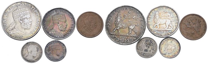 Etiopia. Menelik II (1889-1813). Lotto di 5 Monete, Si Segnala un 1/2 Birr e 1/4 di Birr. Nominal...