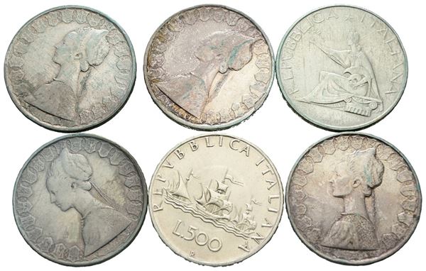 REPUBBLICA ITALIANA. Lotto di 6 monete da 500 lire; 5 "Caravelle", una "centenario 1861 1961". Conservazioni varie.