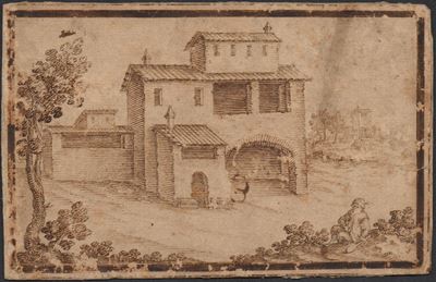 Paesaggio con case e una figura seduta