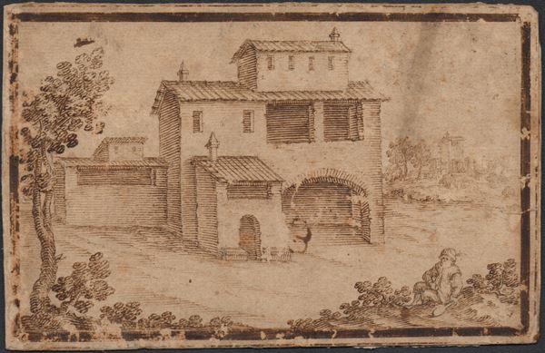 Paesaggio con case e una figura seduta