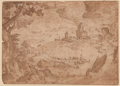 Artista fiammingo del XVII secolo, Paesaggio con barche, porto e albero; Mercurio uccide Argo (da...