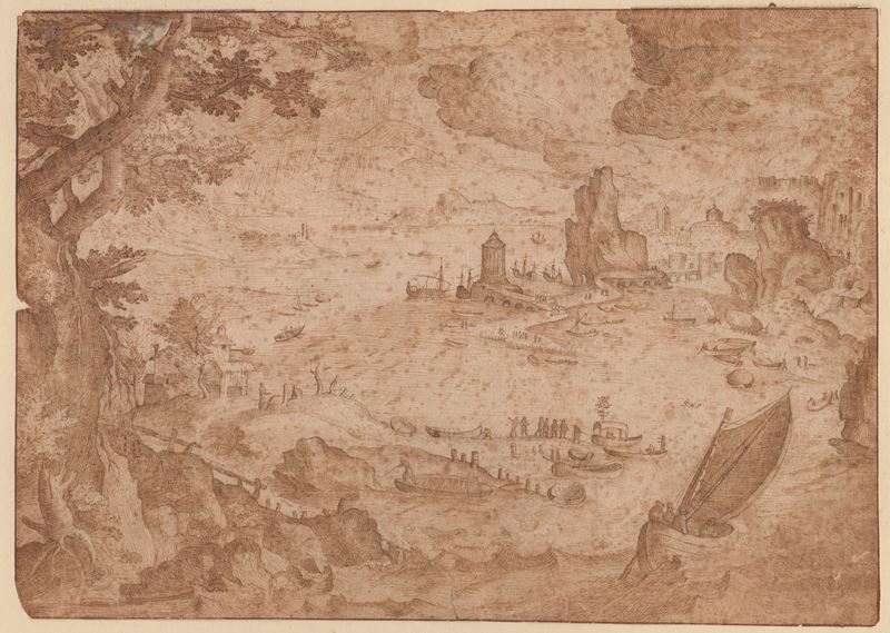 Paesaggio con Barche, Porto e Albero, da Paul Bril | Mercurio Uccide Argo, da Hendrick Goltzius