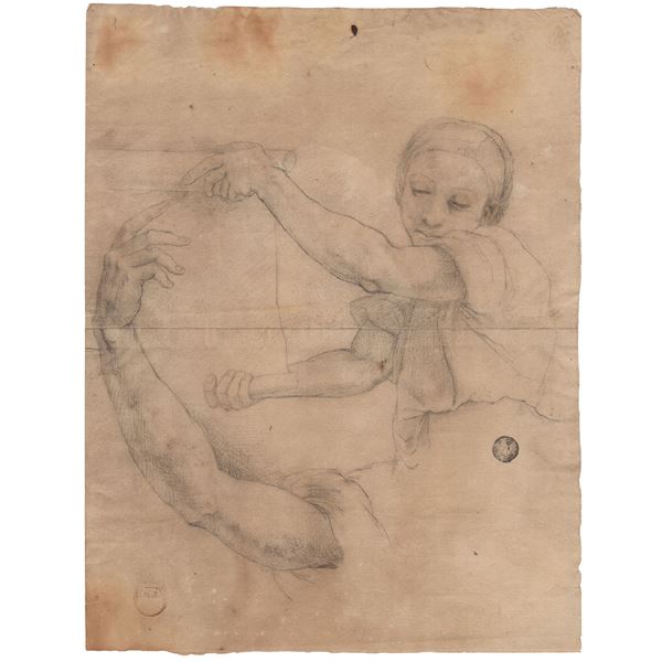 Study for a female figure unrolling a roll of paper