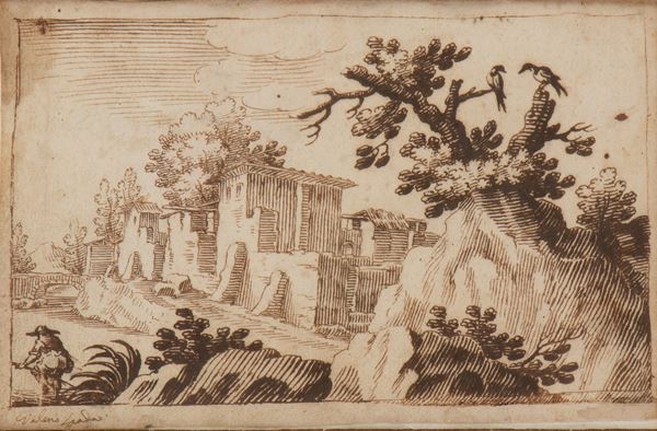 Paesaggio con case, ponte, una figura e albero a destra