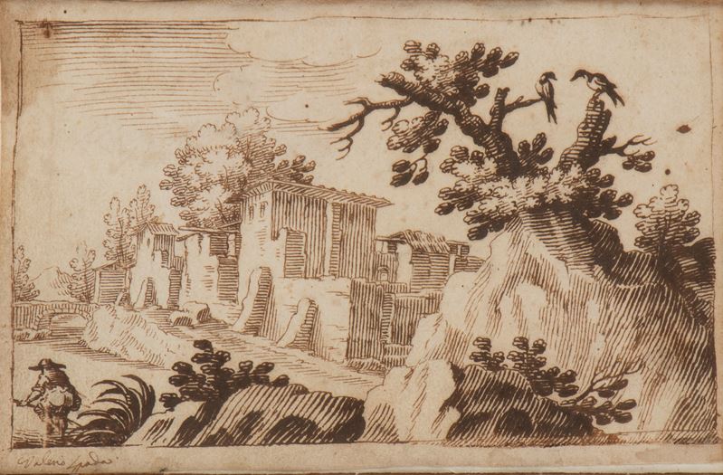Valerio Spada - Paesaggio con case, ponte, una figura e albero a destra