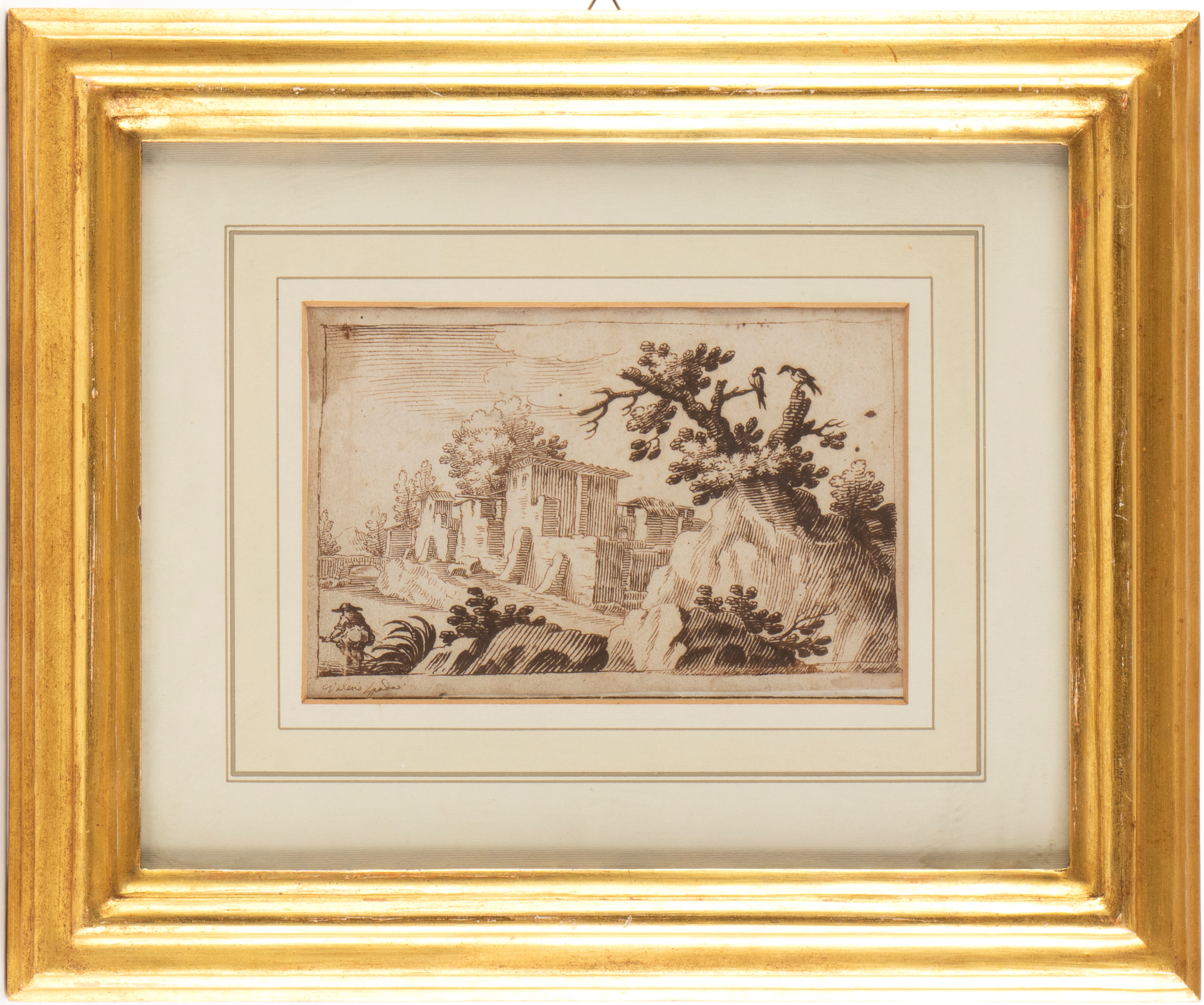 Valerio Spada - Paesaggio con case, ponte, una figura e albero a destra