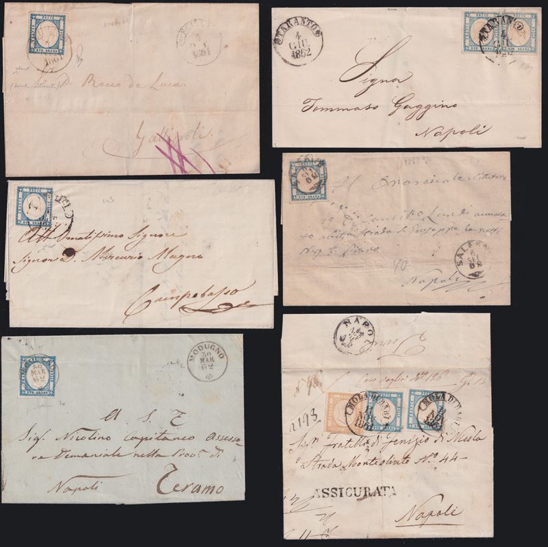 Materiale postale napoletano, insieme di 9 oggetti con annullamenti (1861)