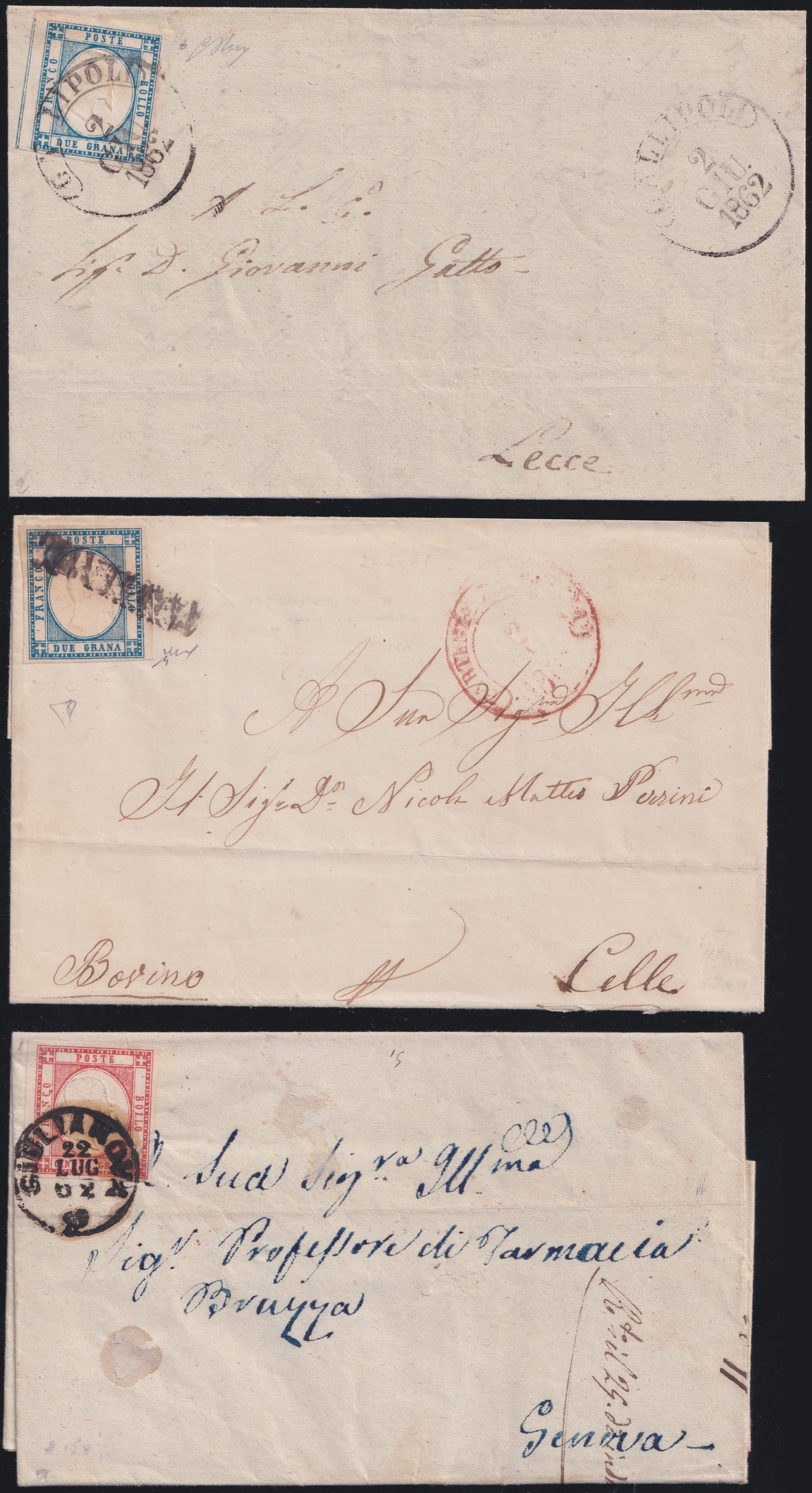 Materiale postale napoletano, insieme di 9 oggetti con annullamenti (1861)