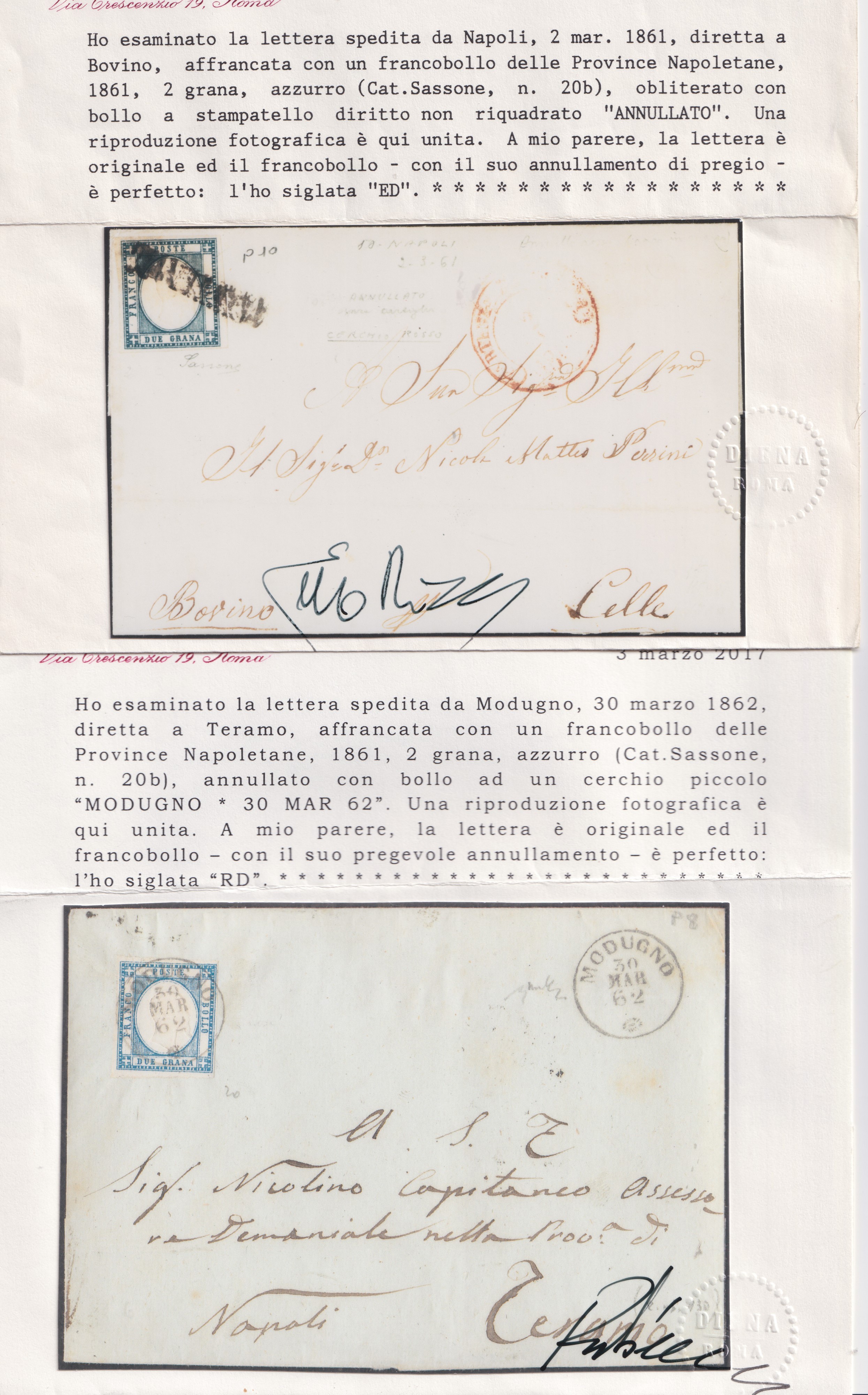 Materiale postale napoletano, insieme di 9 oggetti con annullamenti (1861)
