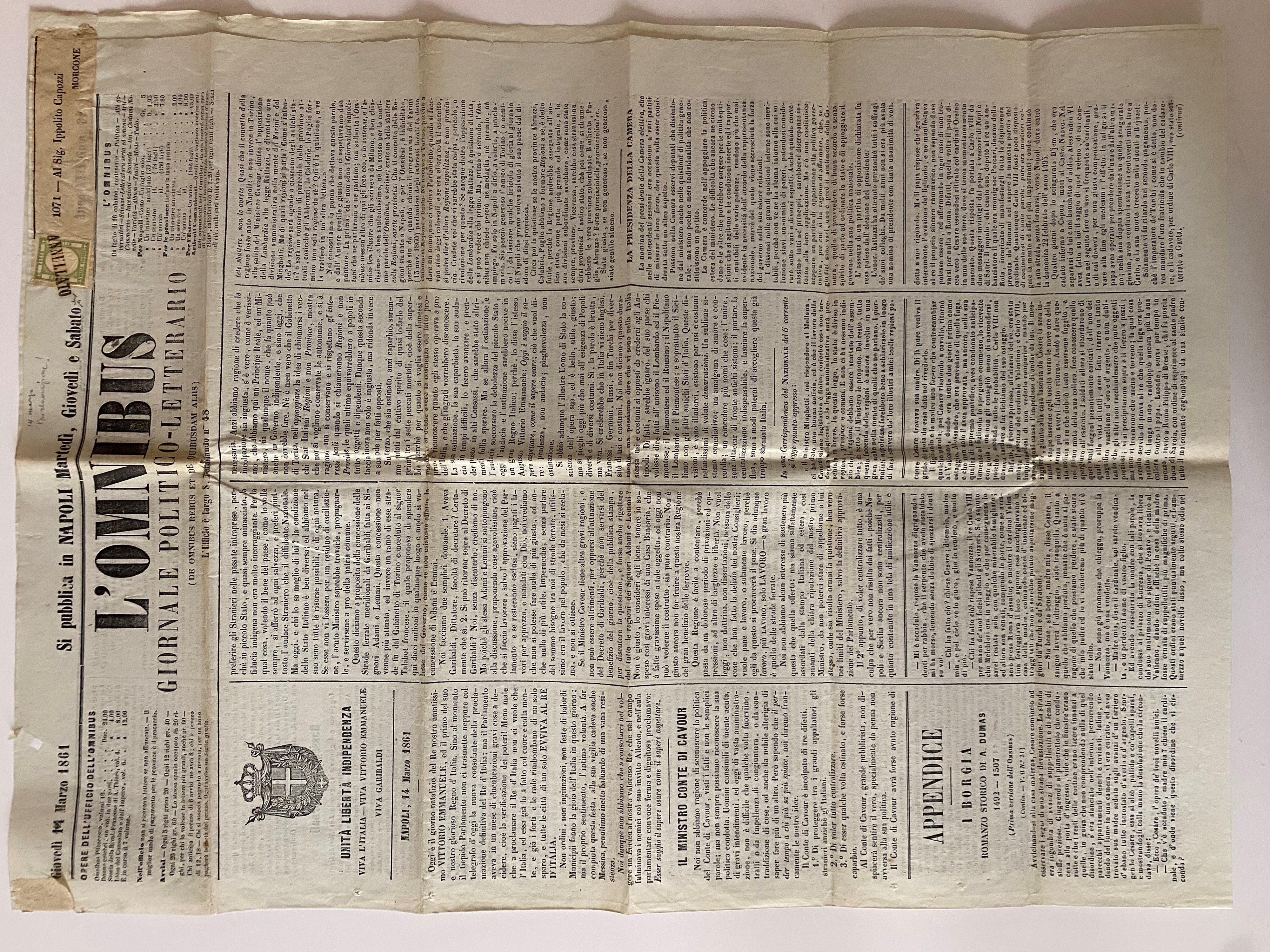 Storia postale napoletana, 14 marzo 1861: giornale «OMNIBUS» affrancato 1/2 tornese verde oliva n...