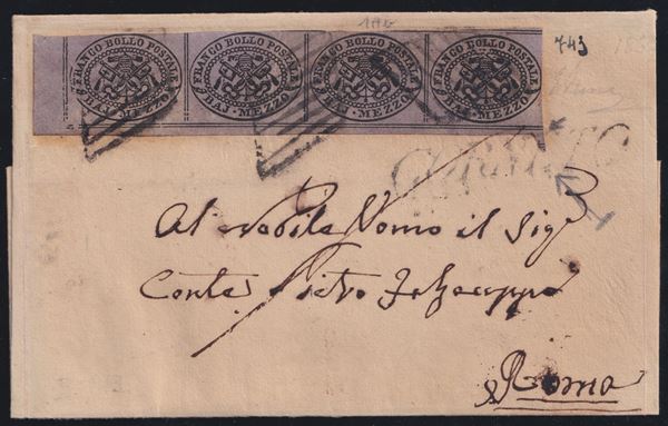 Pontificio - Storia Postale, Busta da Corneto per Roma con striscia di quattro del 1A