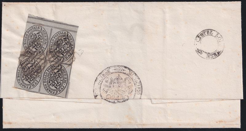 Diena (Enzo), Pontificio – Storia Postale, 1/2 baj. grigio in blocco di quattro (5 marzo 1858)