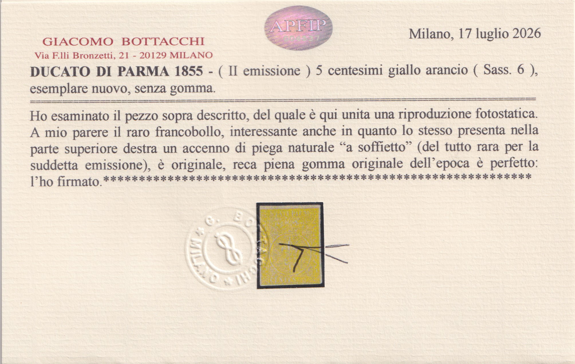 Bottacchi, Parma – II emissione, 5 centesimi giallo (n. 6) nuovo con gomma