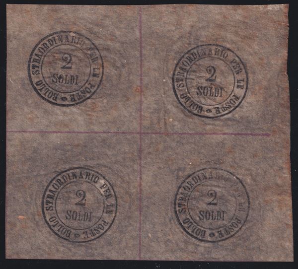 Tuscany - Newspaper postage dues, 2 soldi in a block of four with double printing, one of which is in albino.