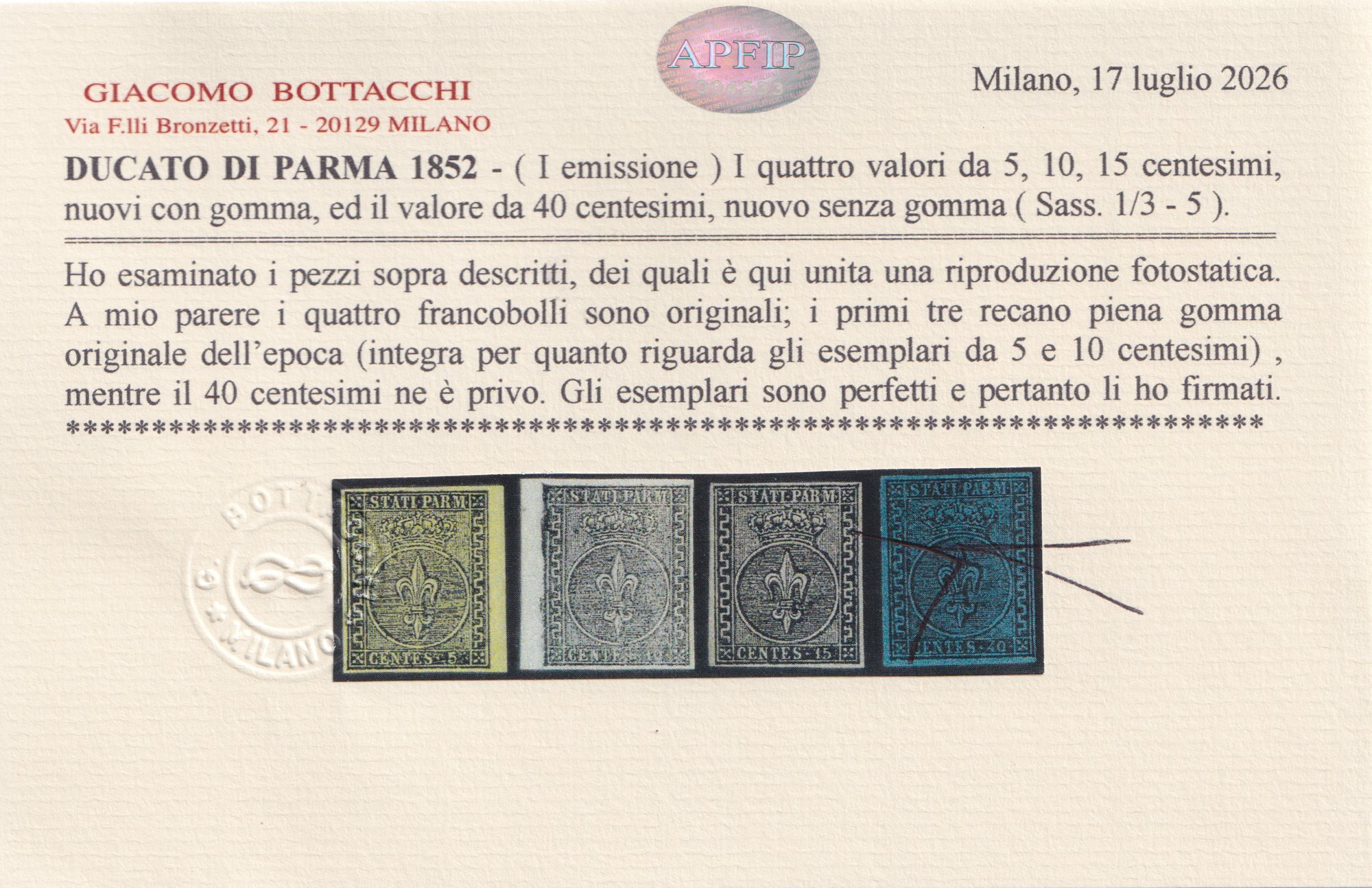 Certificato Bottacchi, Parma – La serietta nuova (prima emissione, manca 25 cent.)
