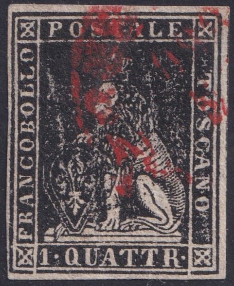Toscana - II emissione, 1q. nero usato con annullo rosso.
