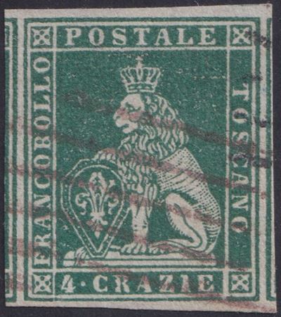 Francobollo, Toscana – I emissione, 4 c. verde su grigio (qualità “LUX”), 1851