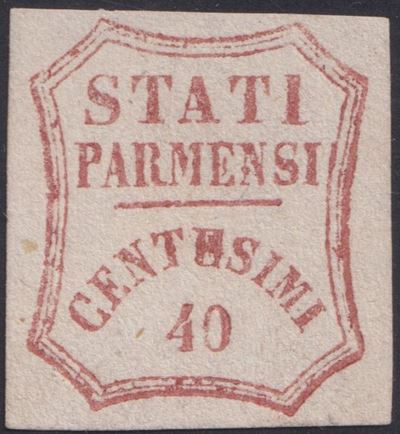 Francobollo 40 centesimi rosso-bruno, Parma G.P. (n. 16), nuovo senza gomma