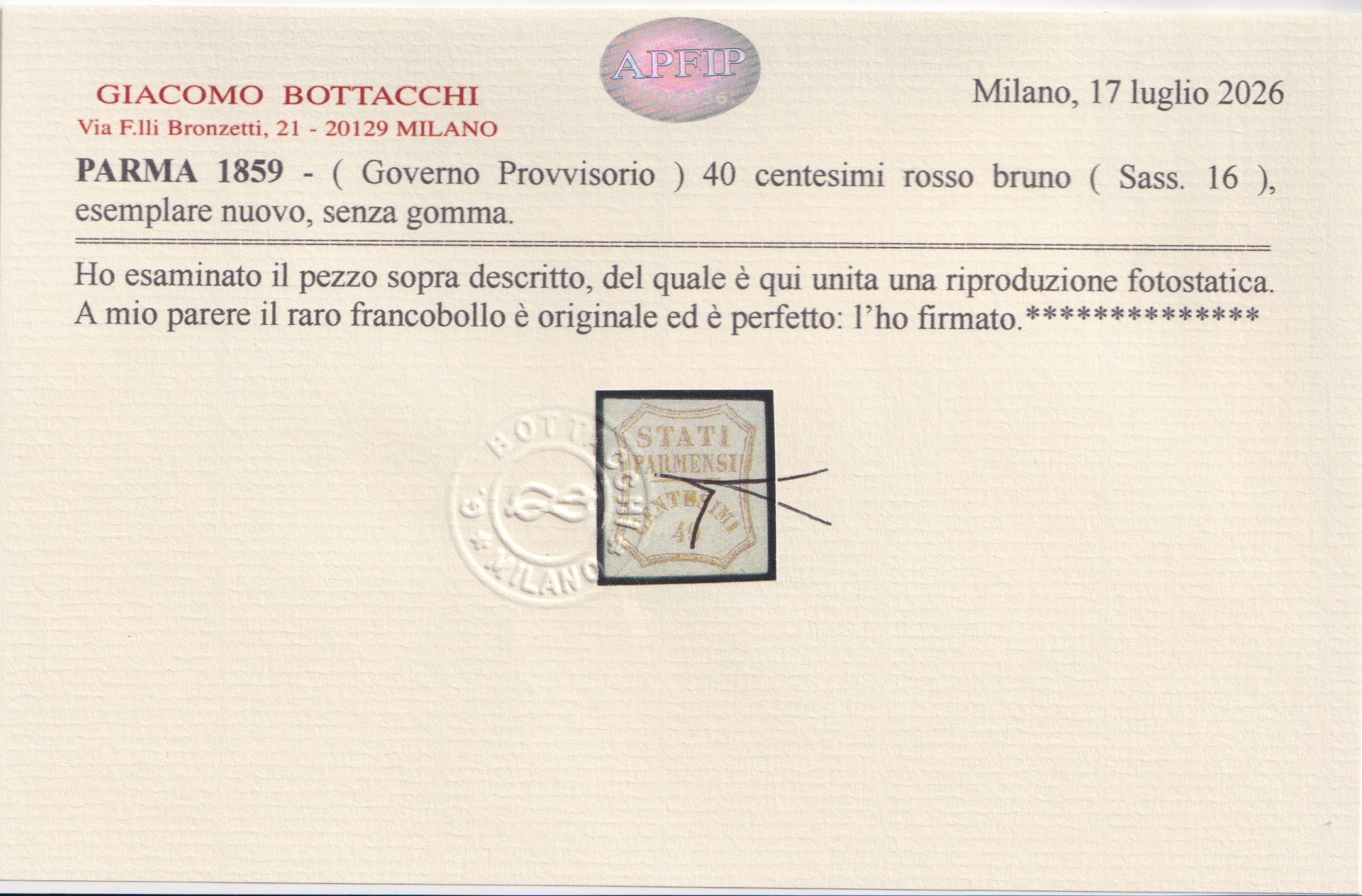 Francobollo 40 centesimi rosso-bruno, Parma G.P. (n. 16), nuovo senza gomma
