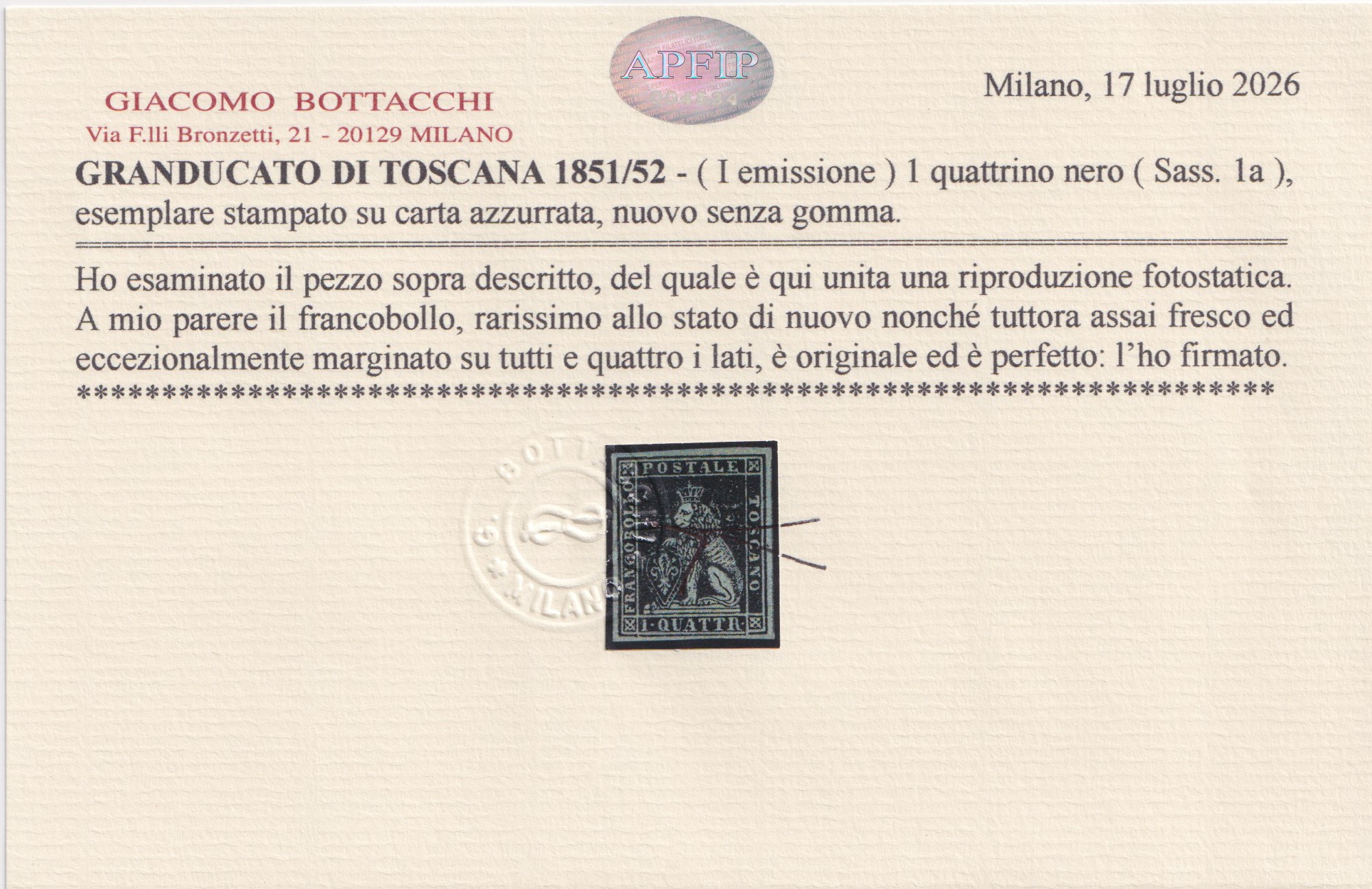 Bollettino postale di Toscana (I emissione), 1q nero su azzurro n. 1a (senza gomma)