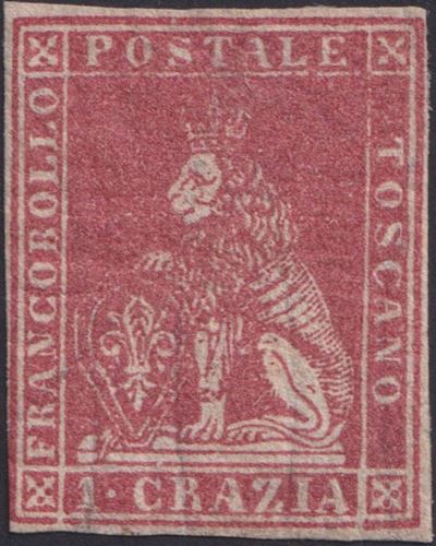Bollettino filatelico, Toscana – II emissione, 1 centesimo carminio (francobollo nuovo con gomma)