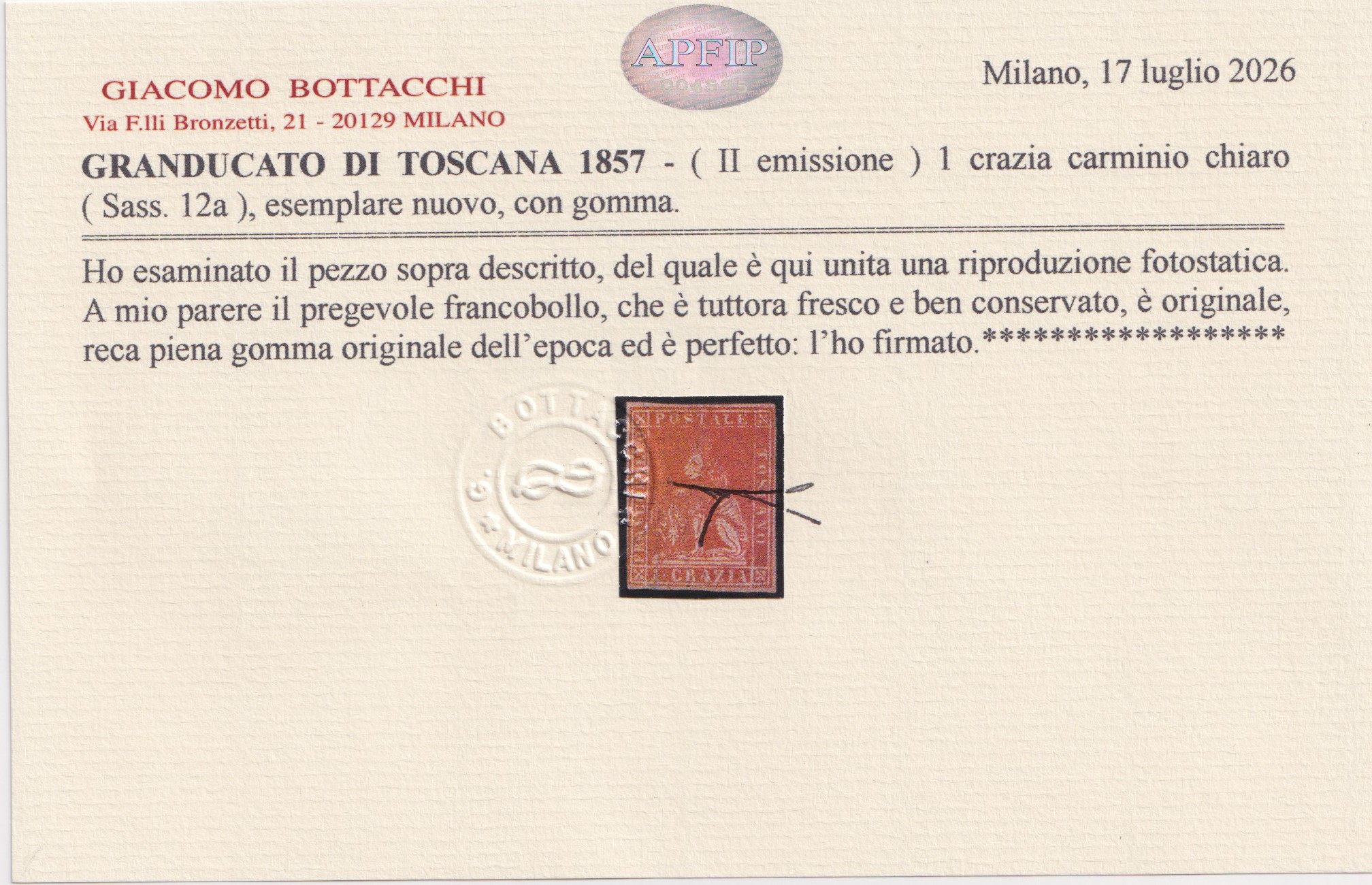 Bollettino filatelico, Toscana – II emissione, 1 centesimo carminio (francobollo nuovo con gomma)