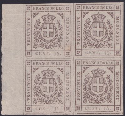 Italia, Modena - Governo Provvisorio, 15 centesimi bruno (n. 13), in blocco di quattro con bordo ...