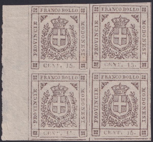 Modena - Provisional Government, 15 cent. brown no. 13 in a block of 4, sheet edge on the left.