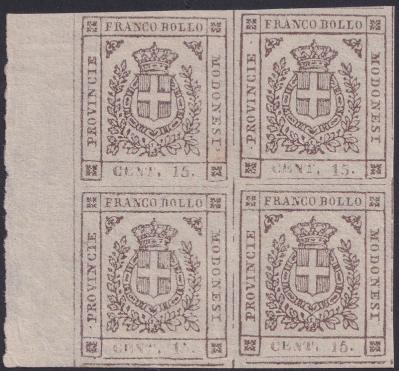 Italia, Modena - Governo Provvisorio, 15 centesimi bruno (n. 13), in blocco di quattro con bordo ...