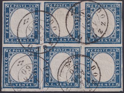 Regno d’Italia, Sardegna IV emissione, 20 centesimi azzurro scuro n. 15B — blocco di 6