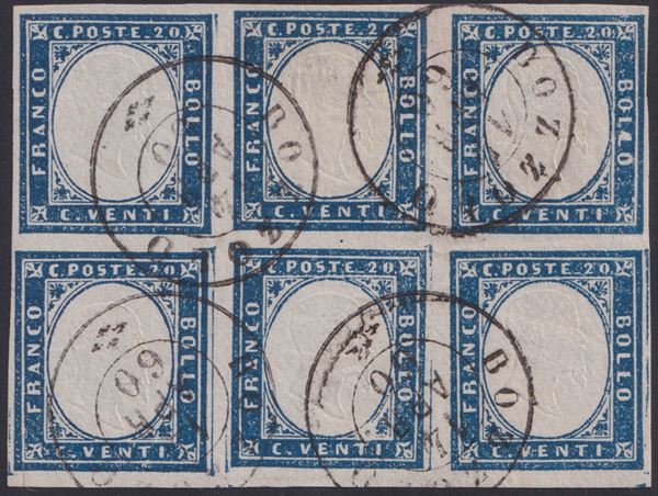 Sardegna - IV emissione, 20 cent. n.15B in blocco di 6