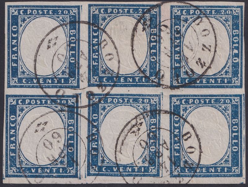 Regno d’Italia, Sardegna IV emissione, 20 centesimi azzurro scuro n. 15B — blocco di 6
