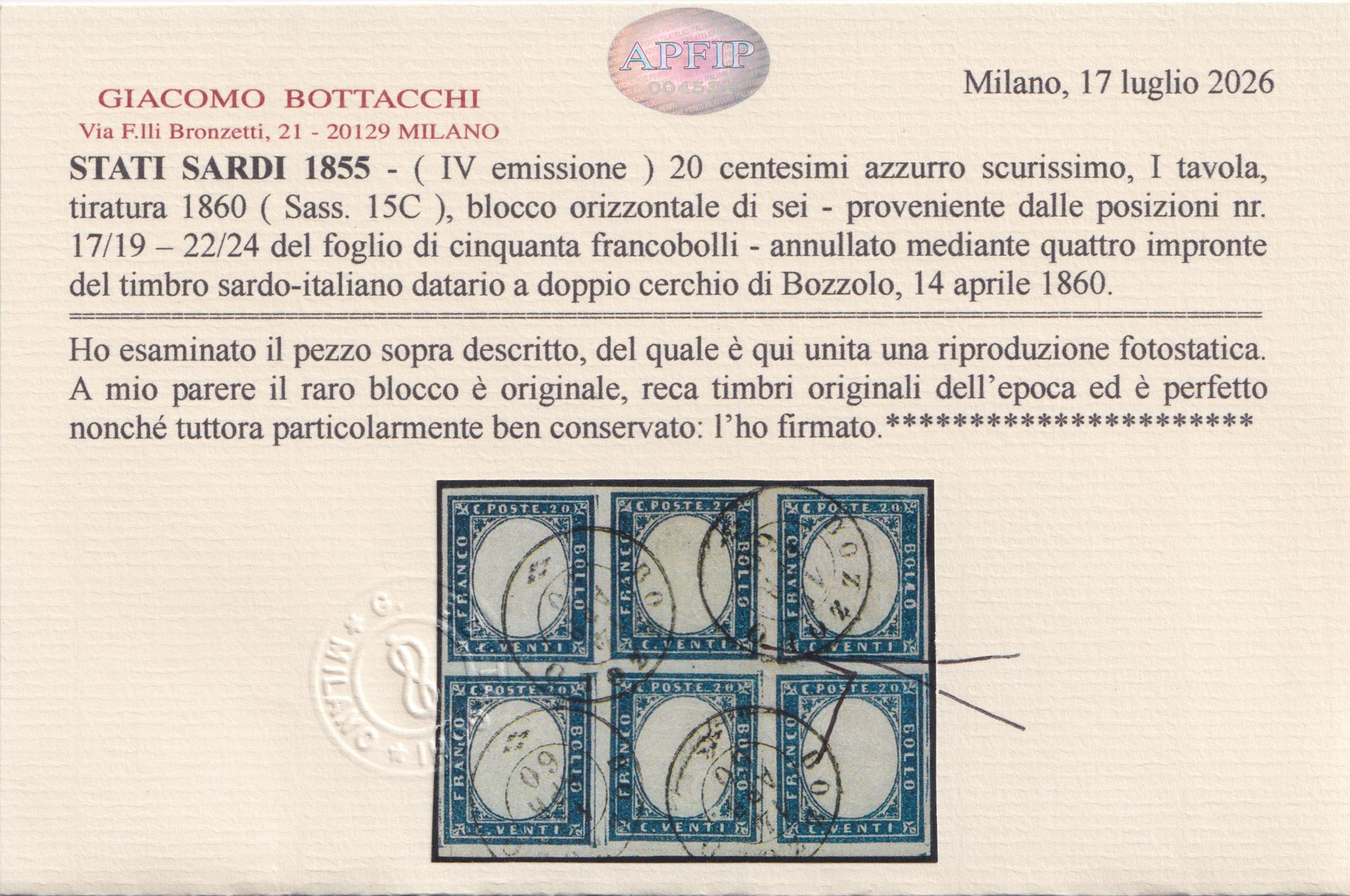 Regno d’Italia, Sardegna IV emissione, 20 centesimi azzurro scuro n. 15B — blocco di 6