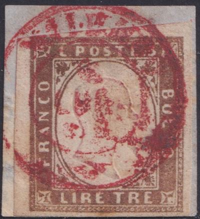 Francobollo, Sardegna – IV emissione, 3 Lire in rame (annullo DC di Milano)