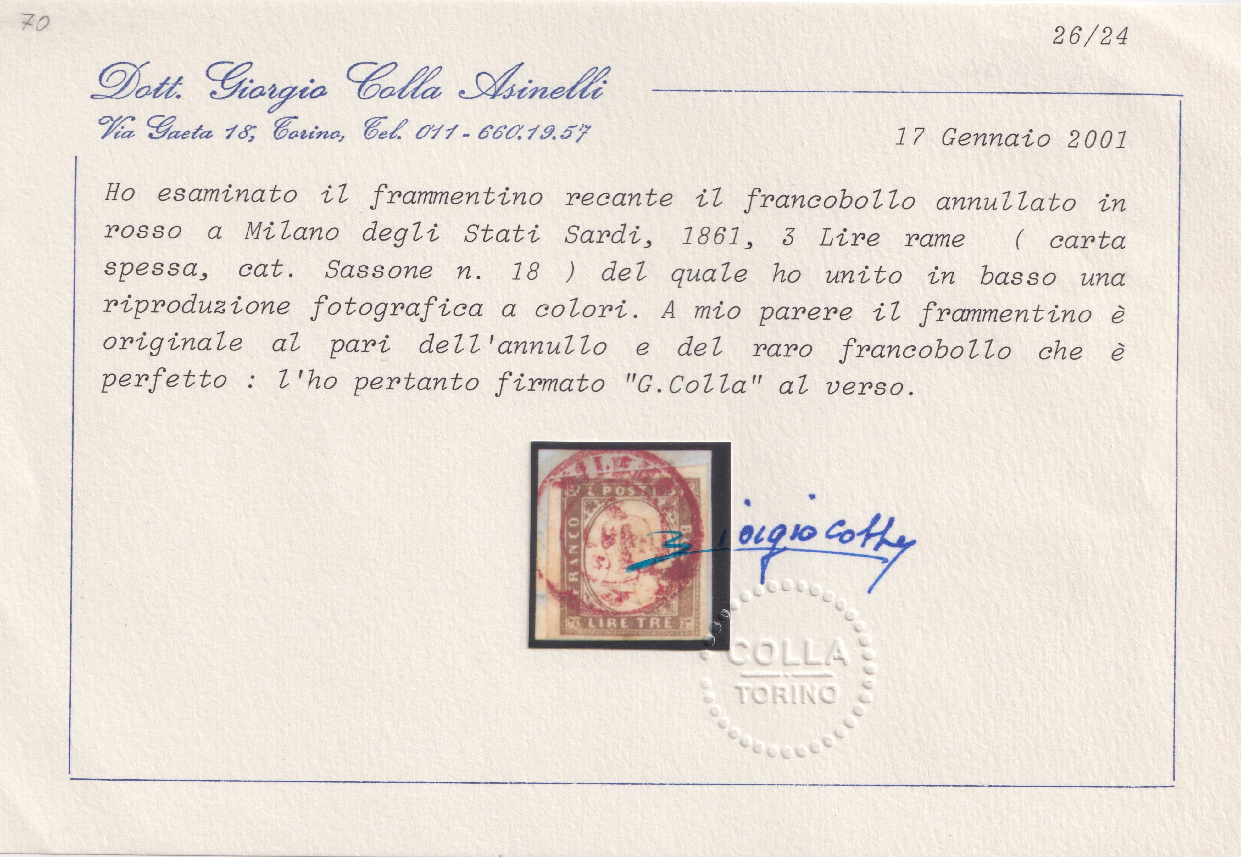 Francobollo, Sardegna – IV emissione, 3 Lire in rame (annullo DC di Milano)