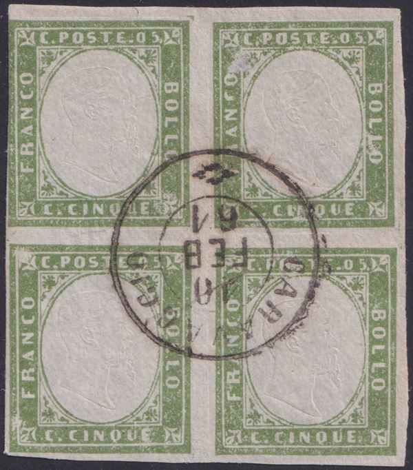 Sardinia - IV issue, Light Olive Green I plates in block of four.