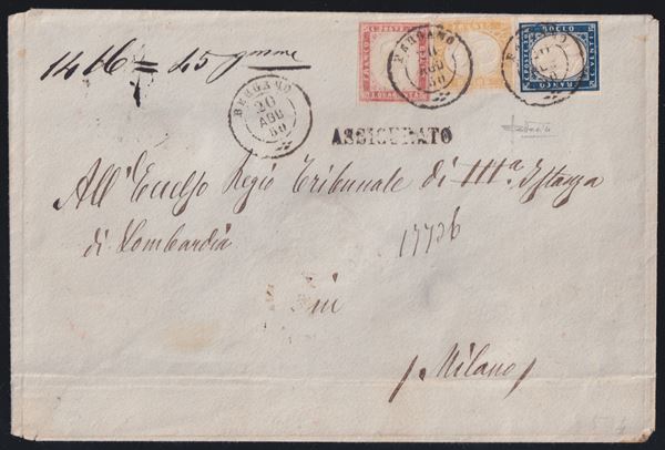 Sardinia - Registered mail from Bergamo to Milan, with Italian postage.