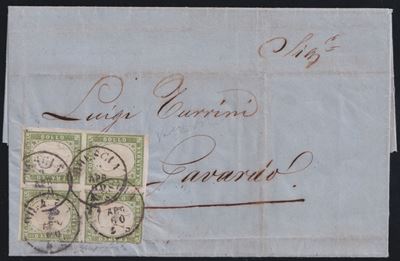 Brescia/Gavardo, Storia postale della Sardegna, 5 centesimi verde oliva chiaro n. 13Bb (in blocco...