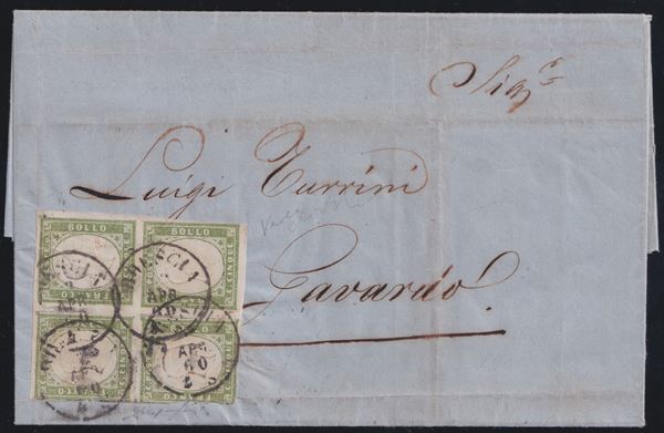 Sardinia - Postal History, 13 Bb in block of 4 on letter.