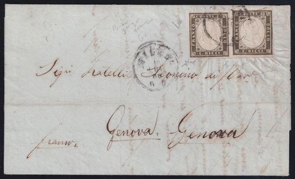 Sardinia - Postal History, splendid very dark shade of the 14Bd in pairs on letter.
