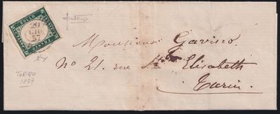 Sardegna, Storia postale, 5 centesimi verde mirto isolato (busta affrancata, 20/06/1857)