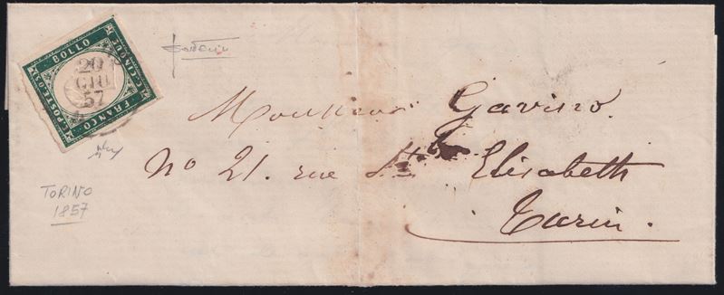 Sardegna, Storia postale, 5 centesimi verde mirto isolato (busta affrancata, 20/06/1857)