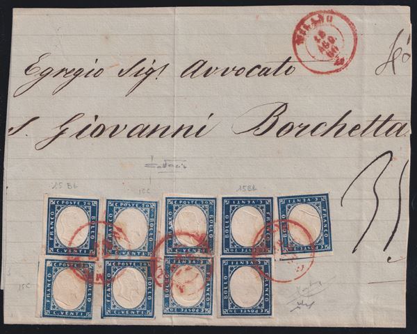 Sardegna - Storia Postale, Busta di grande formato con rara affrancatura multipla.