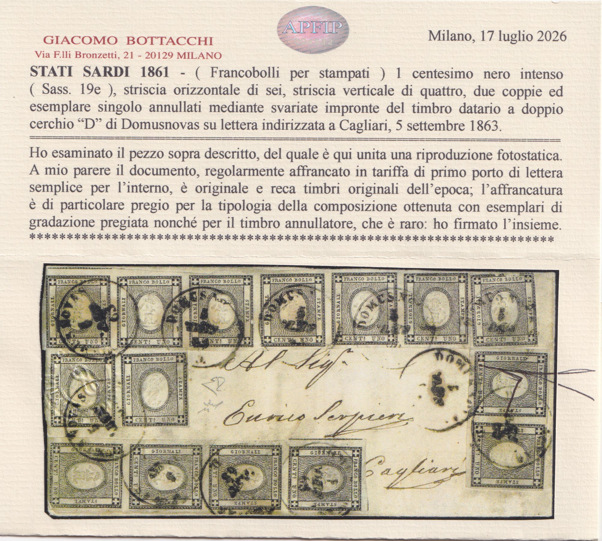 DOMUSNOVAS, Annullamenti su affrancatura multipla in nero intenso per Cagliari (15 cent.)