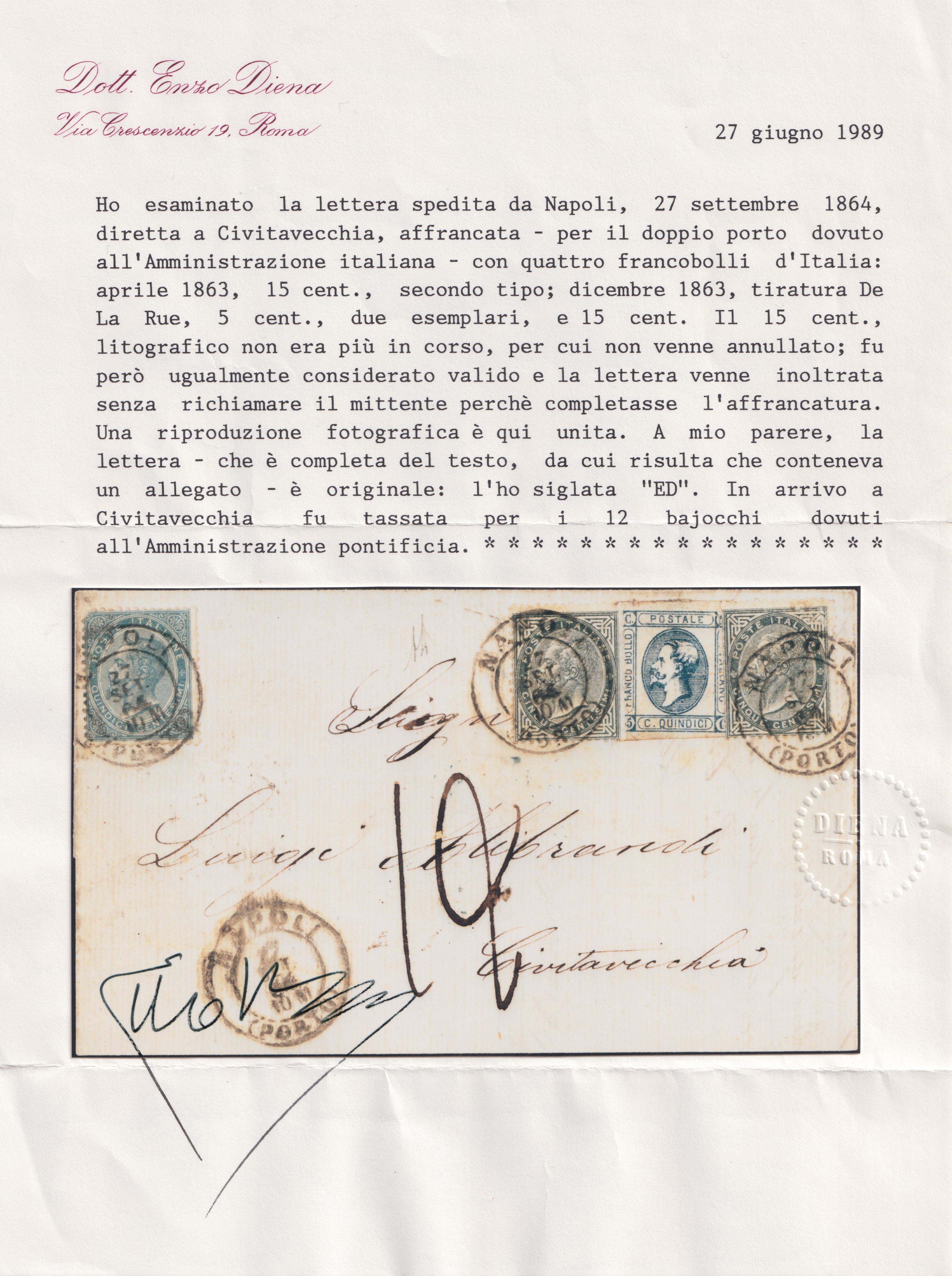 Regno, Storia postale: lettera Napoli–Civitavecchia del 27.09.1862 via di mare con affrancatura m...