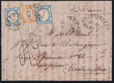 Prov. Napoletane, Storia postale: lettera Napoli–Civitavecchia affrancata con 20 gr. e 2 gr. (186...