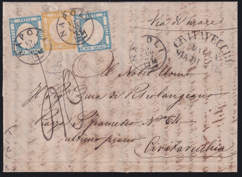 Prov. Napoletane, Storia postale: lettera Napoli–Civitavecchia affrancata con 20 gr. e 2 gr. (186...