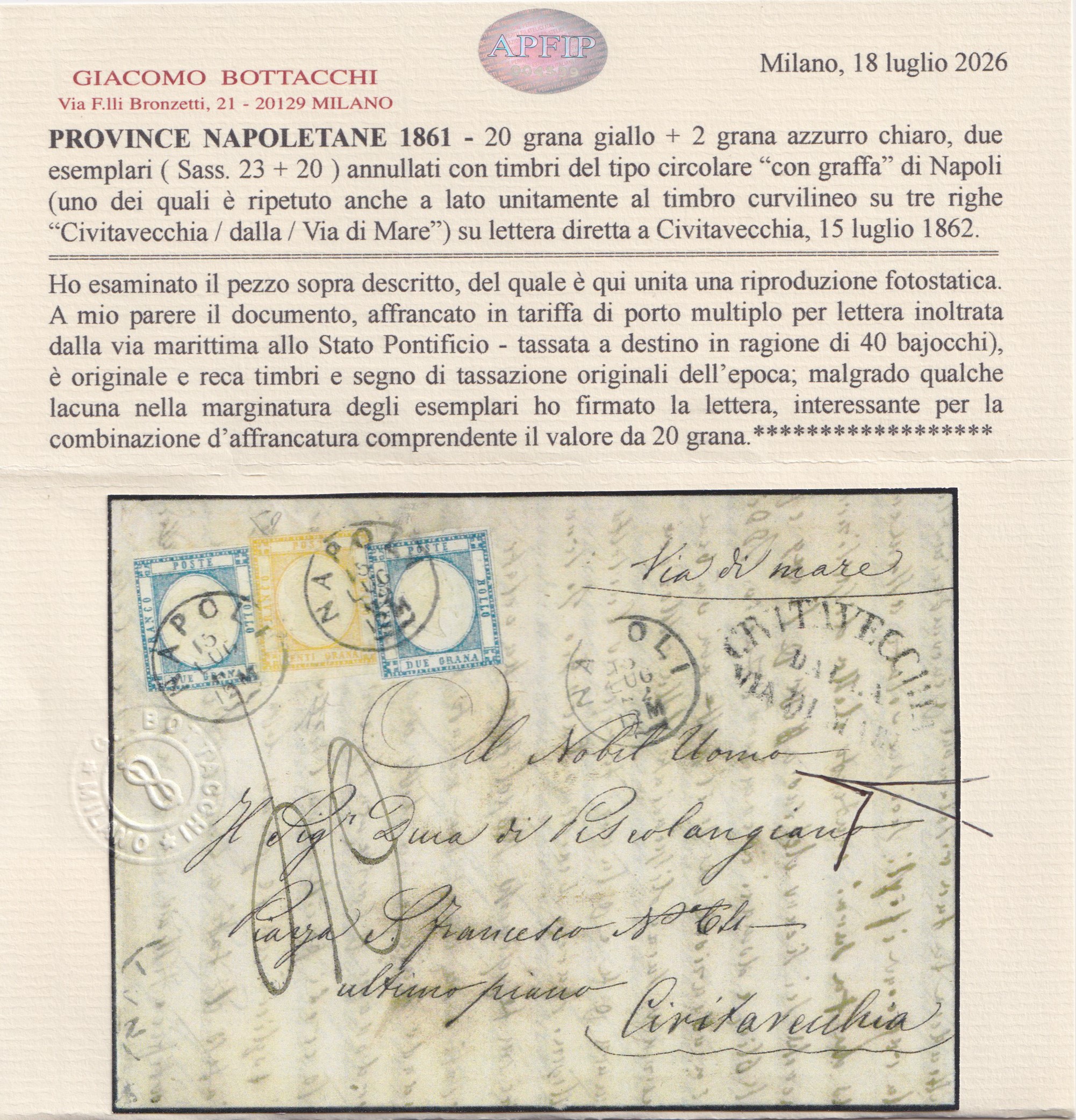 Prov. Napoletane, Storia postale: lettera Napoli–Civitavecchia affrancata con 20 gr. e 2 gr. (186...