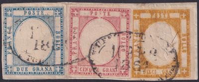 Francobolli di provenienza napoletana, Affrancatura tricolore con 2 gr. azzurro chiaro n. 20, 5 g...