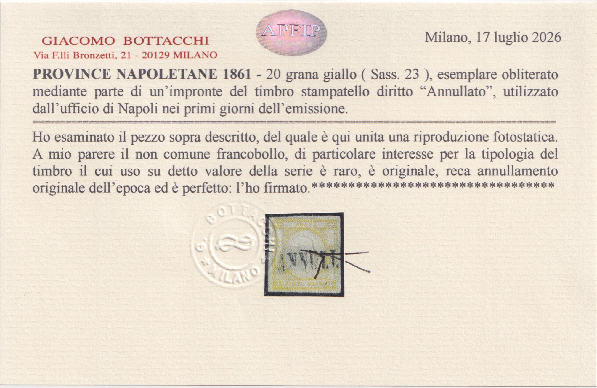 Bollo postale, Provviste Napoletane: annullamento “ANNULLATO” senza cartella, 20 gr giallo (1861)